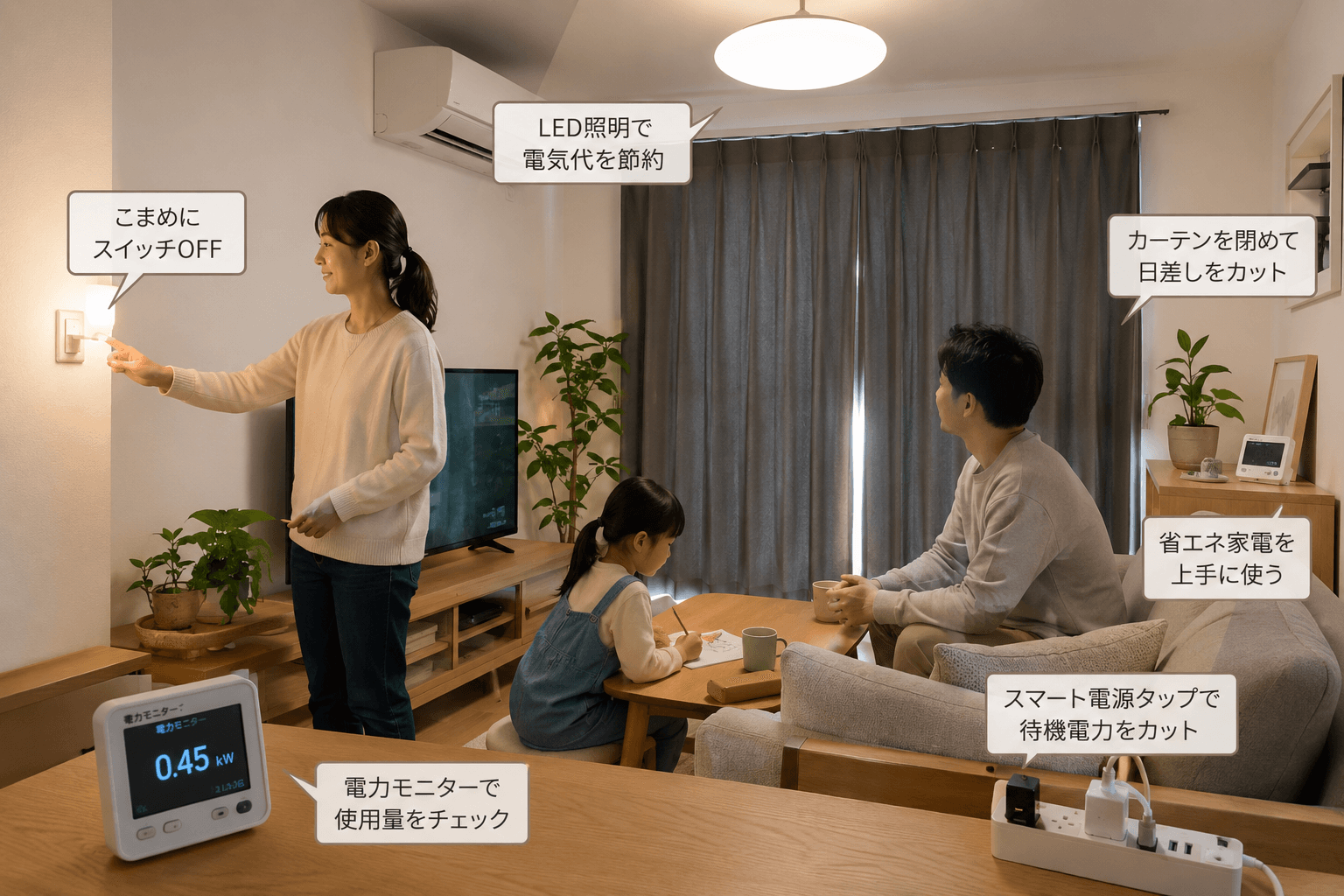 LED電球・節電タップ・遮光カーテンが備わった現代的な日本のリビング。節電を意識した家族の暮らしの様子