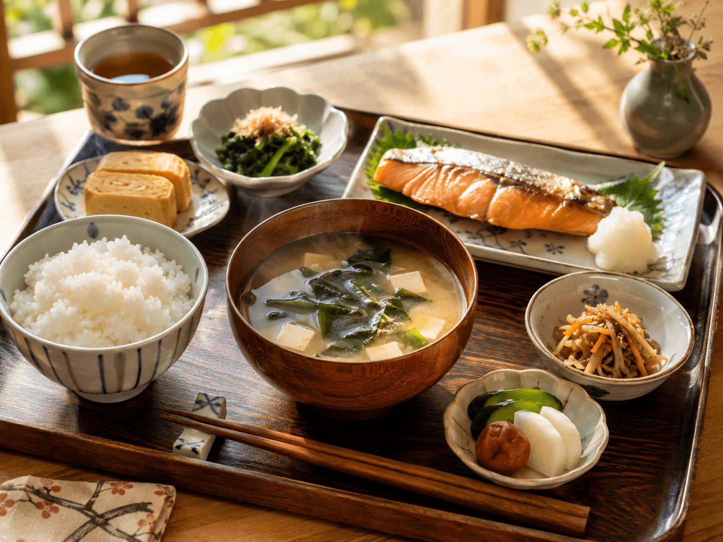 豆腐とわかめが入ったお味噌汁を中心とした和朝食の献立。木製のトレーに箸と小皿が添えられ、朝の柔らかい光が差し込む
