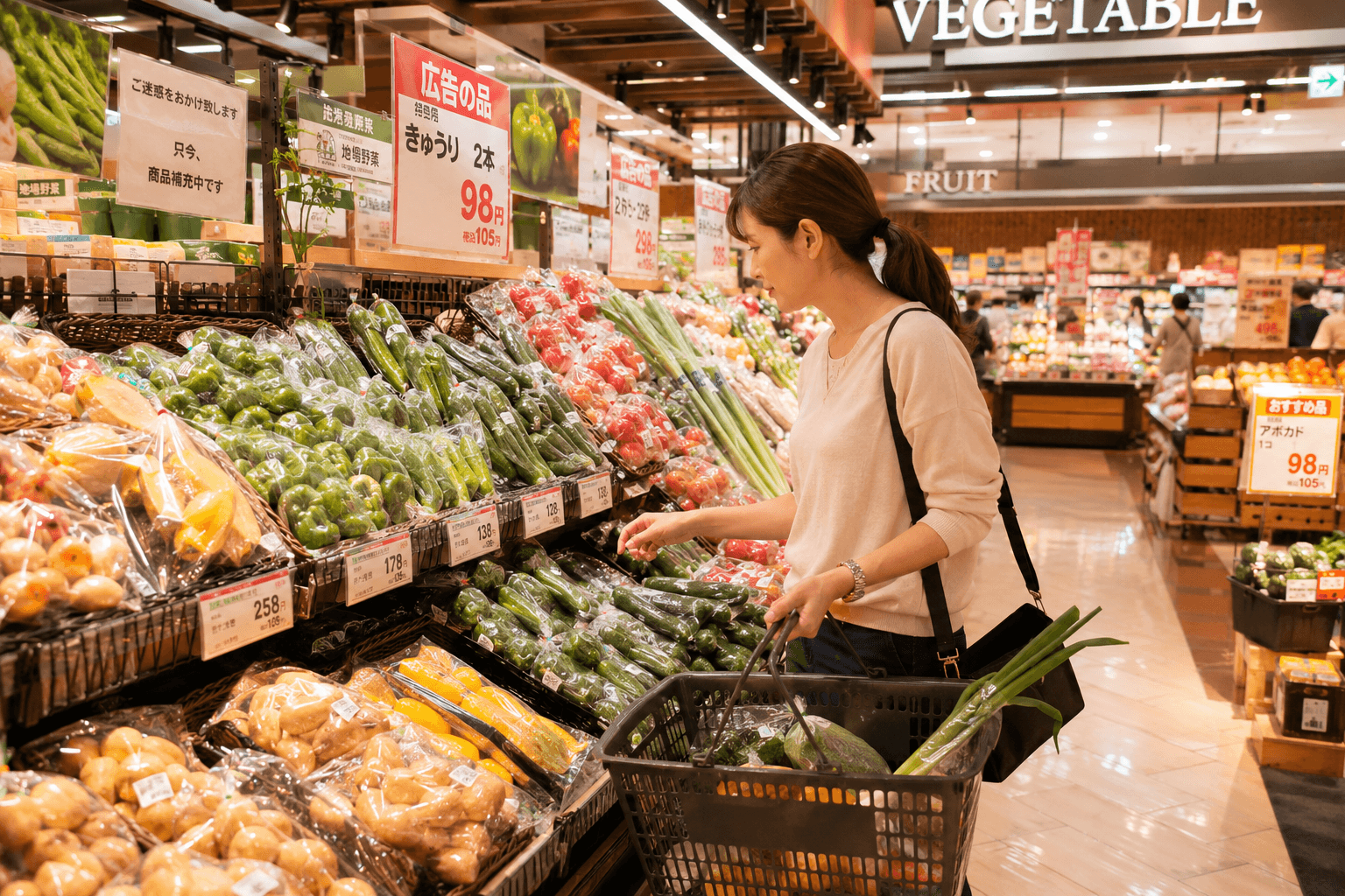 日本のスーパーの青果コーナー。買い物かごを持った女性が値札を確認している。活気ある売り場の広角写真