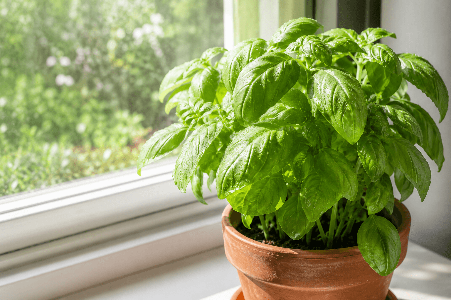 テラコッタ鉢に育つバジルのクローズアップ。朝の光を受けた大きな緑の葉に水滴が光る