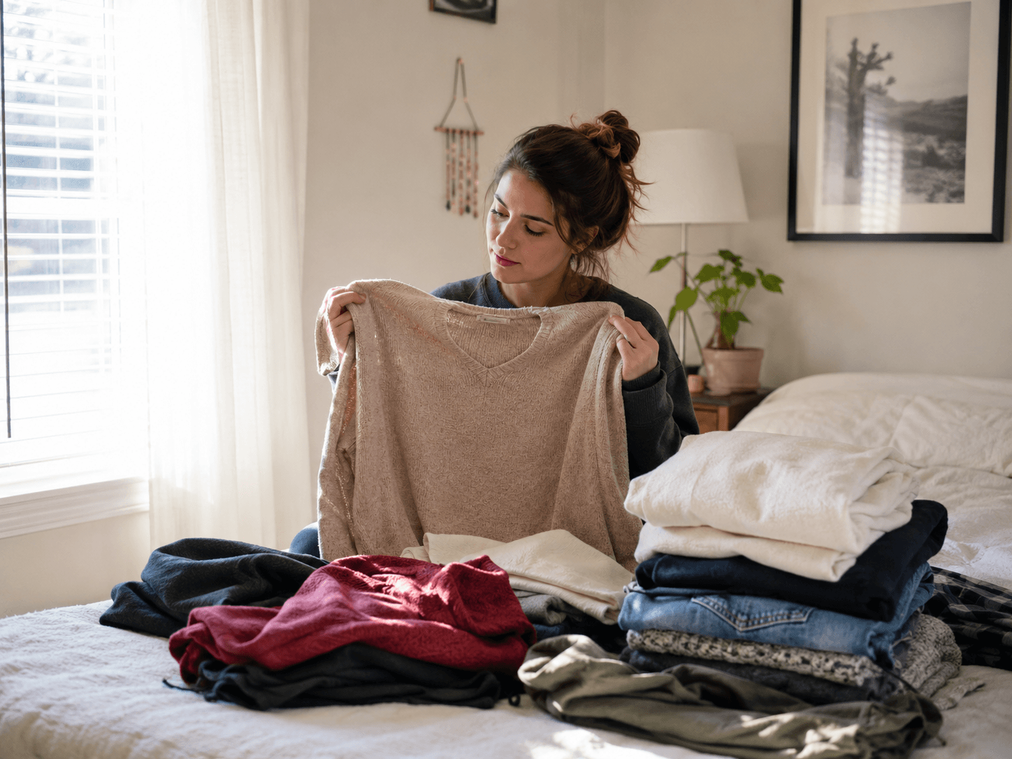 ベッドの上に広げた服の山から1枚を手に取り、残すか手放すか考えている様子
